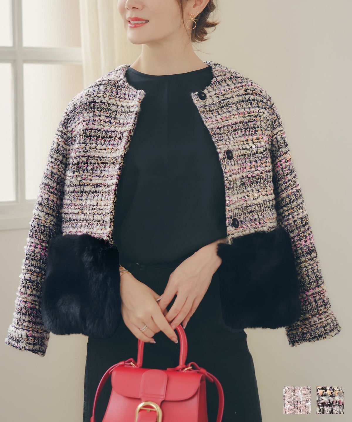 ツイード フェイクファー 切り替え ショート丈 コート Liala×PG