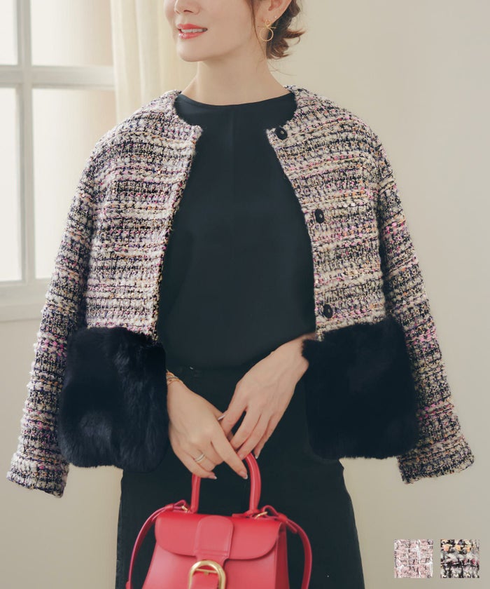 ジャケット レディース かわいい 上品 大人 きれいめ オフィス お呼ばれ ショート ドッキング ジョイントスペース ツイード フェイクファー 切り替え ショート丈 コート Liala×PG