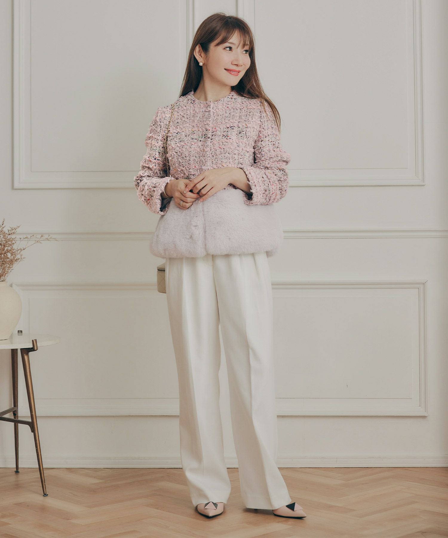 ツイード フェイクファー 切り替え ショート丈 コート Liala×PG 全2色