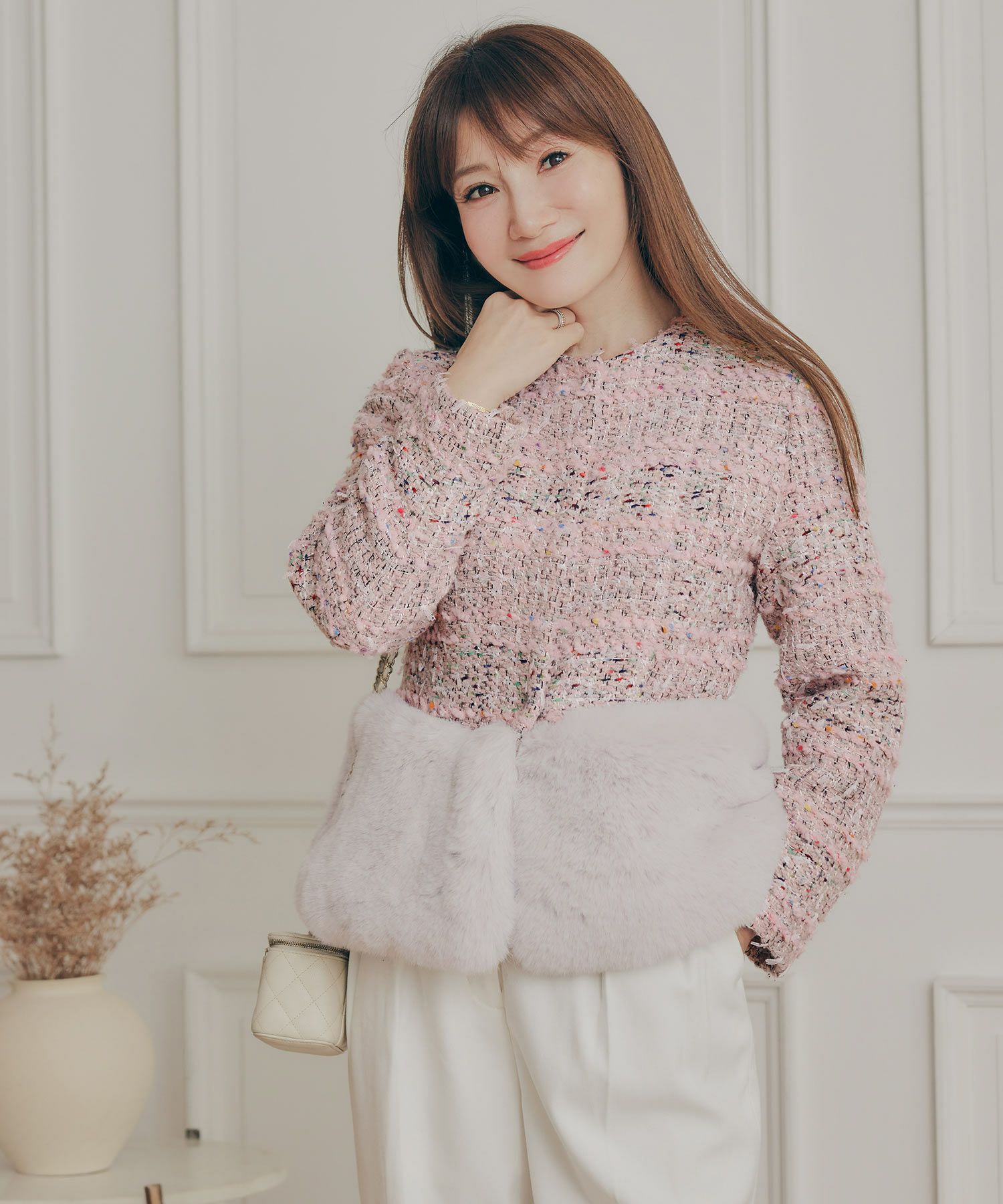 ツイード フェイクファー 切り替え ショート丈 コート Liala×PG 全2色