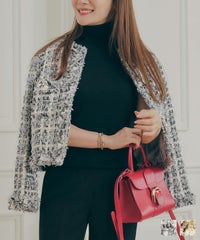 手洗い可 レディース アウター 秋冬 大人可愛い 上品 きれいめ オケージョン フェミニン ジョイントスペース フリンジ ツイード パール釦 ショート丈 ジャケット Liala×PG