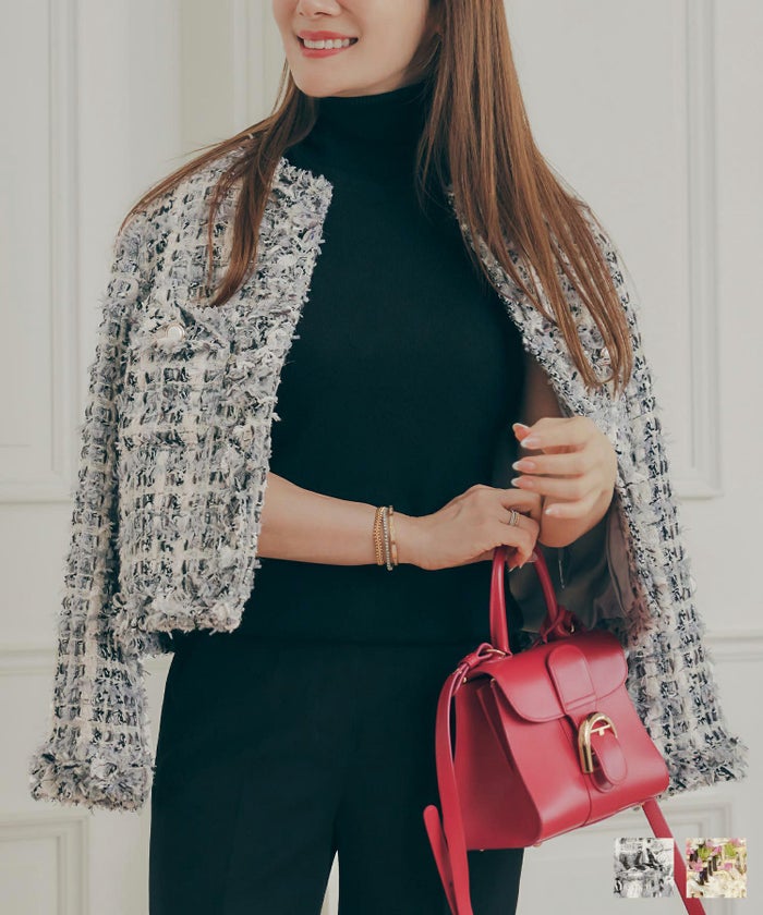 手洗い可 レディース アウター 秋冬 大人可愛い 上品 きれいめ オケージョン フェミニン ジョイントスペース フリンジ ツイード パール釦 ショート丈 ジャケット Liala×PG