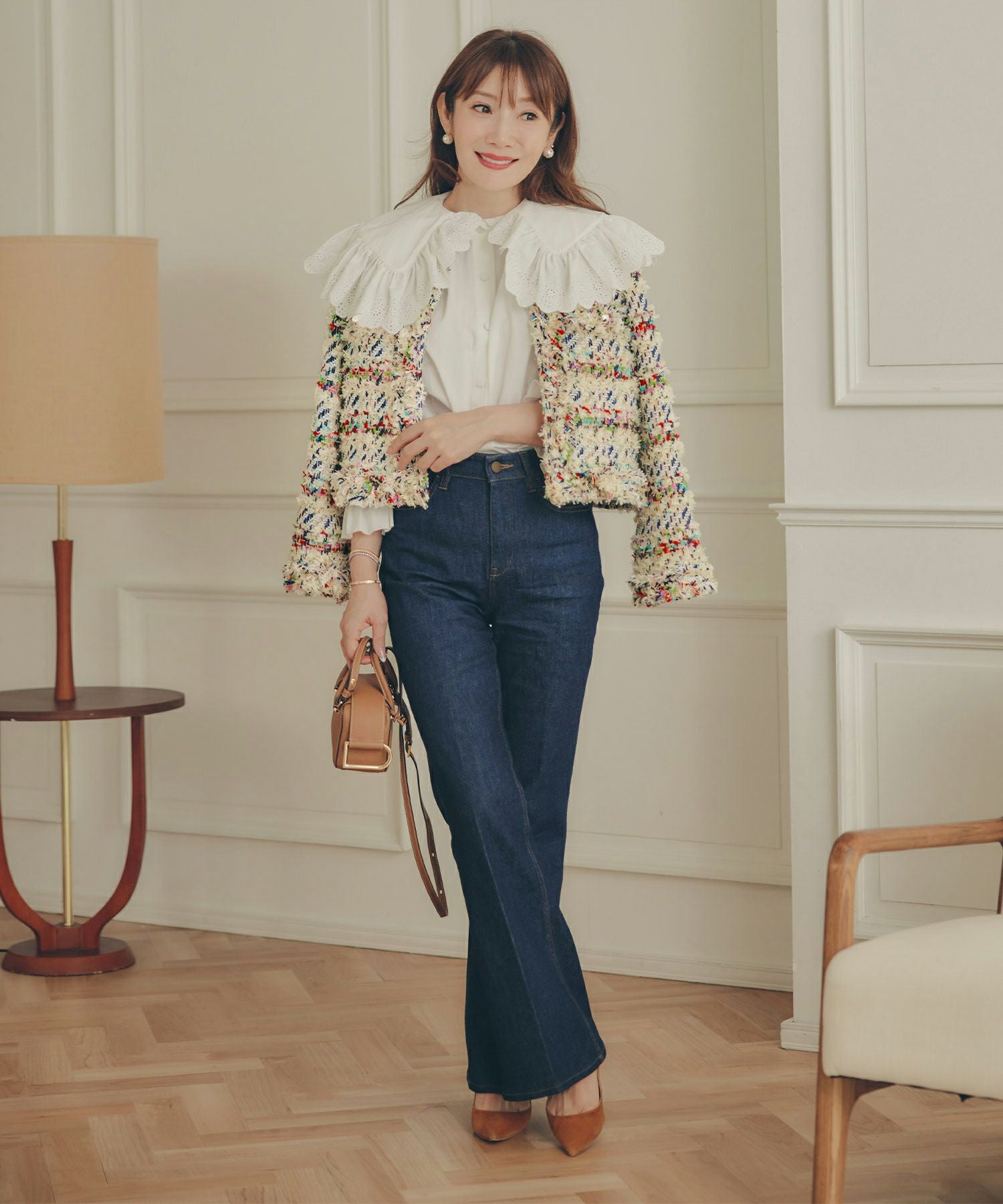 フリンジ ツイード パール釦 ショート丈 ジャケット Liala×PG 全2色