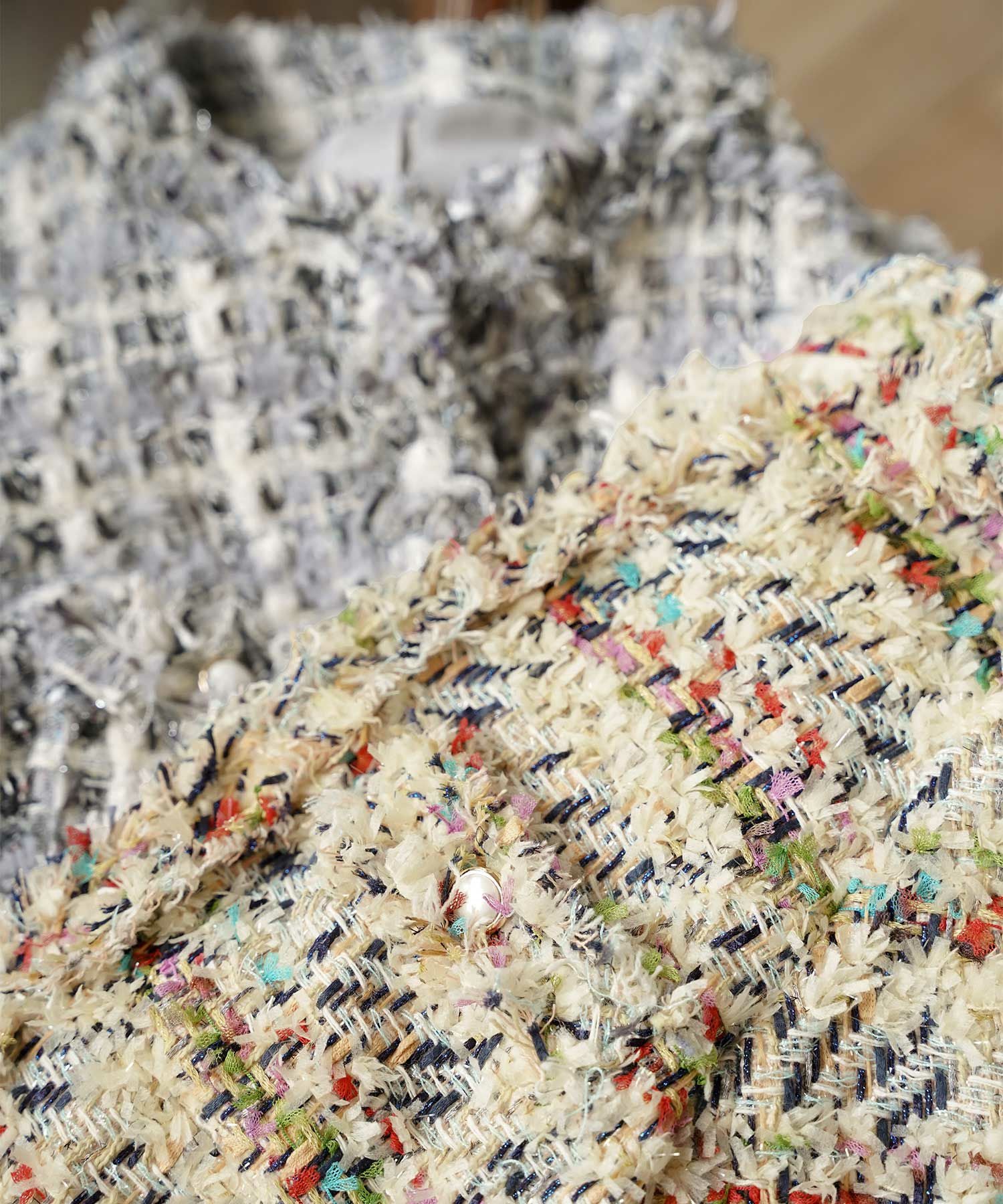 フリンジ ツイード パール釦 ショート丈 ジャケット Liala×PG 全2色