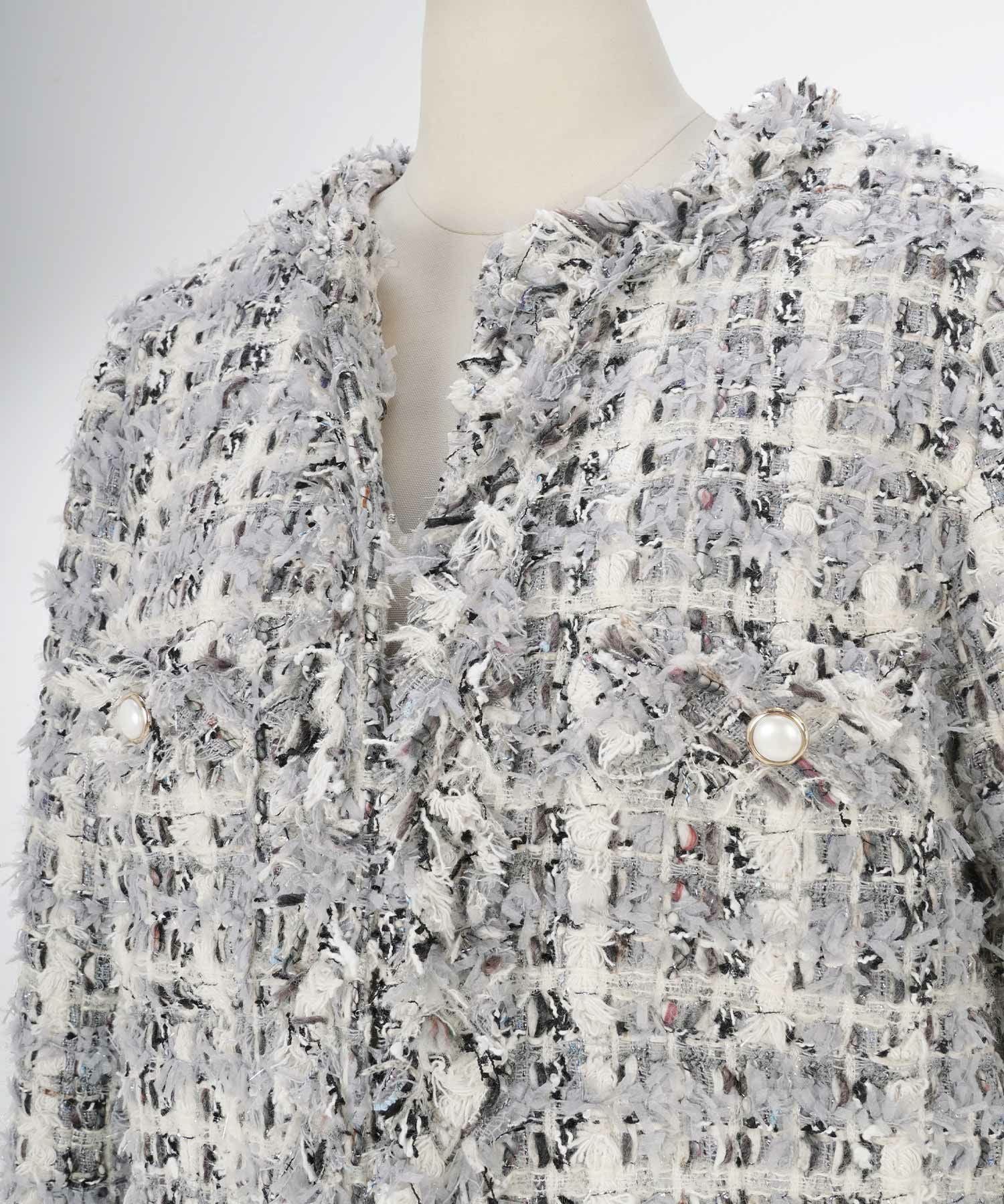 フリンジ ツイード パール釦 ショート丈 ジャケット Liala×PG 全2色