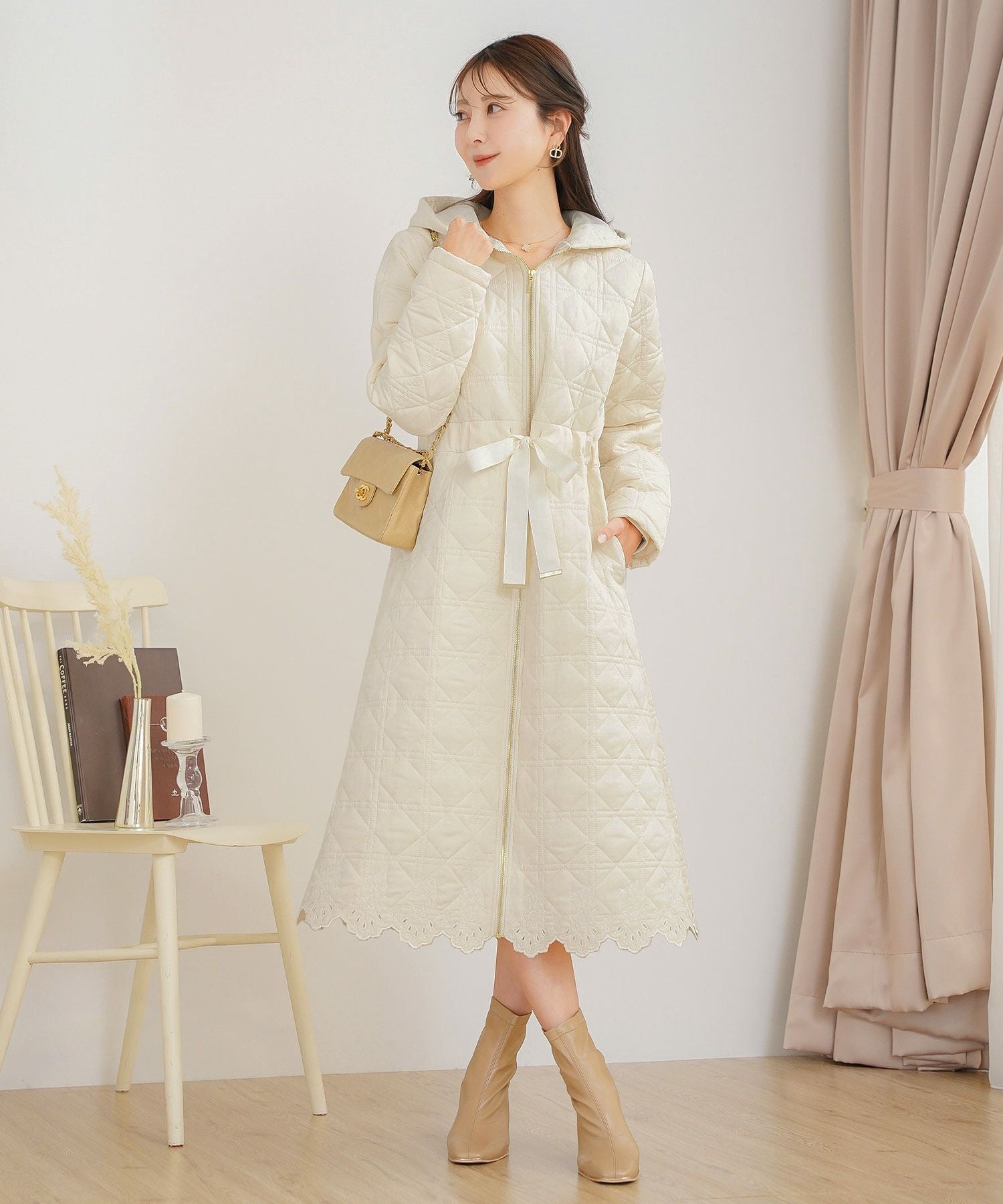 スカラップ刺繍 キルティング ロング丈 コート le reve vaniller 全4色