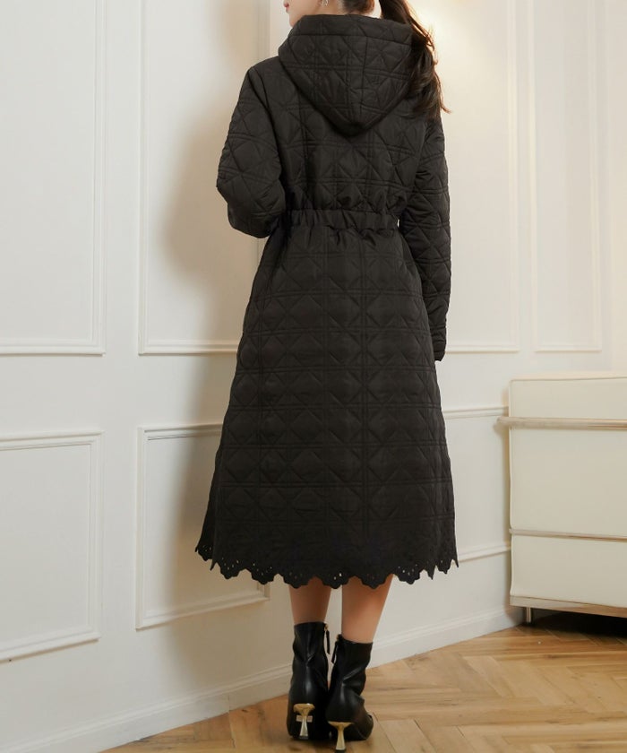 レデイース アウター キルティング ダウン ロング丈 ダイヤ柄 オシャレ コート ダウン 中綿 ２WAY 上品 エレガント カワイイ ベージュ ピンク ネイビー ブラック ホワイト フリル リボン 低身長 ジャケット