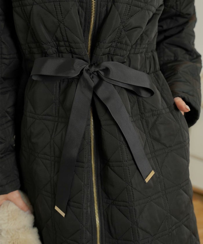 レデイース アウター キルティング ダウン ロング丈 ダイヤ柄 オシャレ コート ダウン 中綿 ２WAY 上品 エレガント カワイイ ベージュ ピンク ネイビー ブラック ホワイト フリル リボン 低身長 ジャケット