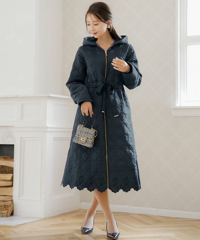 レデイース アウター キルティング ダウン ロング丈 ダイヤ柄 オシャレ コート ダウン 中綿 ２WAY 上品 エレガント カワイイ ベージュ ピンク ネイビー ブラック ホワイト フリル リボン 低身長 ジャケット