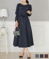 ワンピース 上品 エレガント 楽ちん ダンボールニット カットソー きれいめ クルーネック ゴールド ボタン ポケット付き ウエスト リボン ドロスト ウエスト調整 ネイビー チャコール ブラウン ウエストリボン ダンボールニット クラシカル ワンピース le reve vaniller