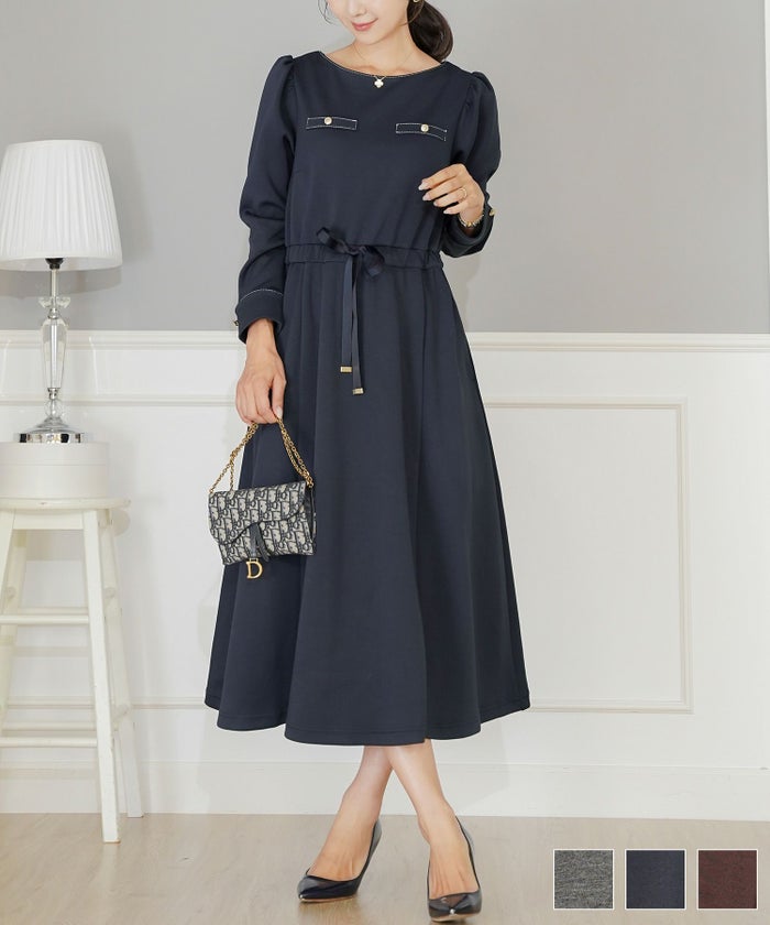 ワンピース 上品 エレガント 楽ちん ダンボールニット カットソー きれいめ クルーネック ゴールド ボタン ポケット付き ウエスト リボン ドロスト ウエスト調整 ネイビー チャコール ブラウン ウエストリボン ダンボールニット クラシカル ワンピース le reve vaniller