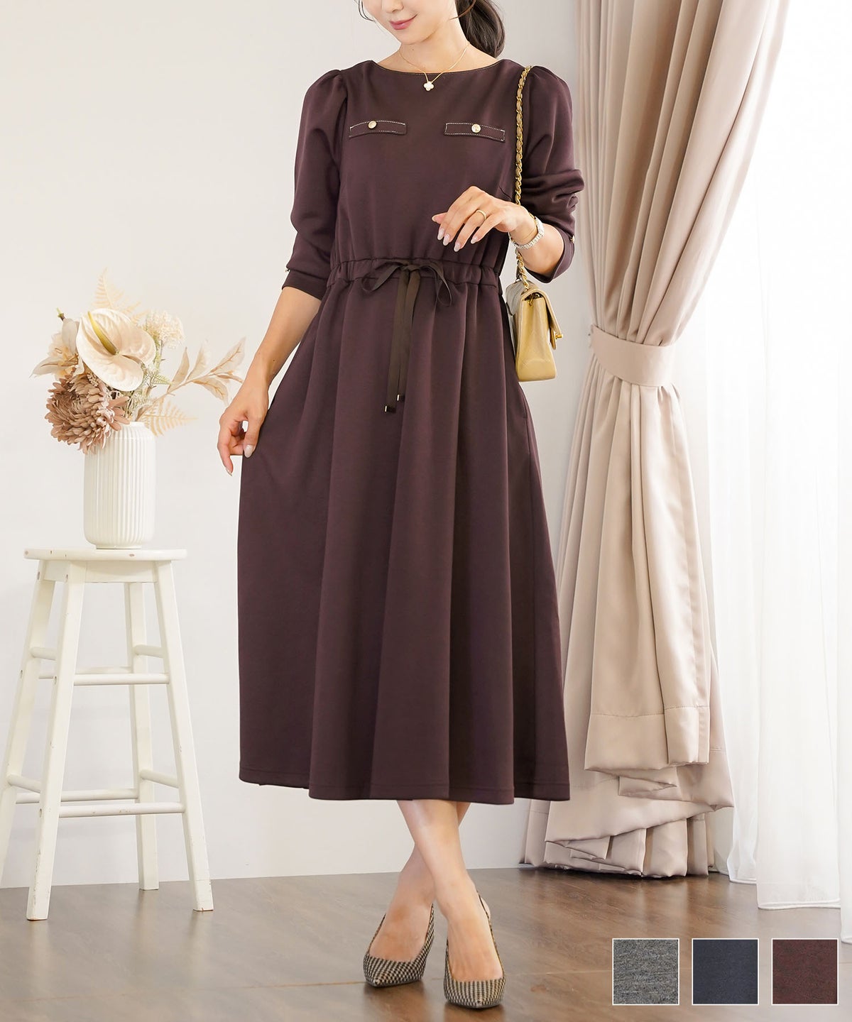 ワンピース 上品 エレガント 楽ちん ダンボールニット カットソー きれいめ クルーネック ゴールド ボタン ポケット付き ウエスト リボン ドロスト ウエスト調整 ネイビー チャコール ブラウン ウエストリボン ダンボールニット クラシカル ワンピース le reve vaniller