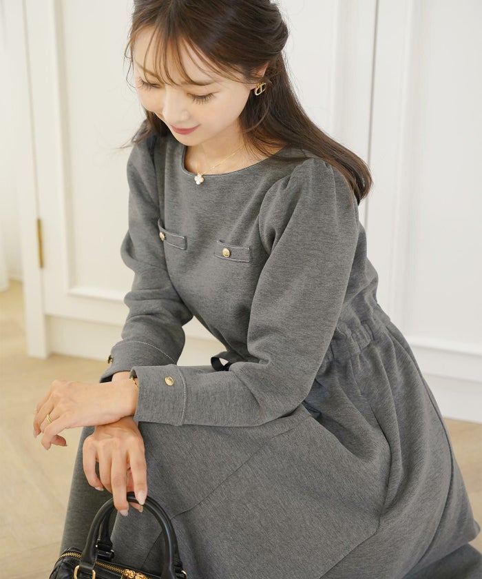 ワンピース 上品 ダンボールニット カットソー きれいめ クルーネック リボン ジョイントスペース