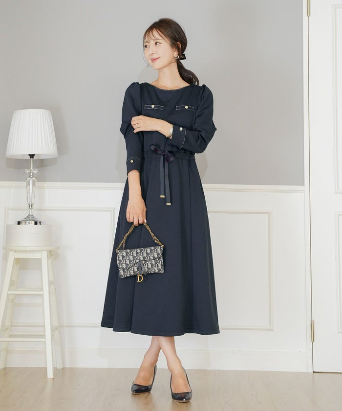 ワンピース 上品 ダンボールニット カットソー きれいめ クルーネック リボン ジョイントスペース