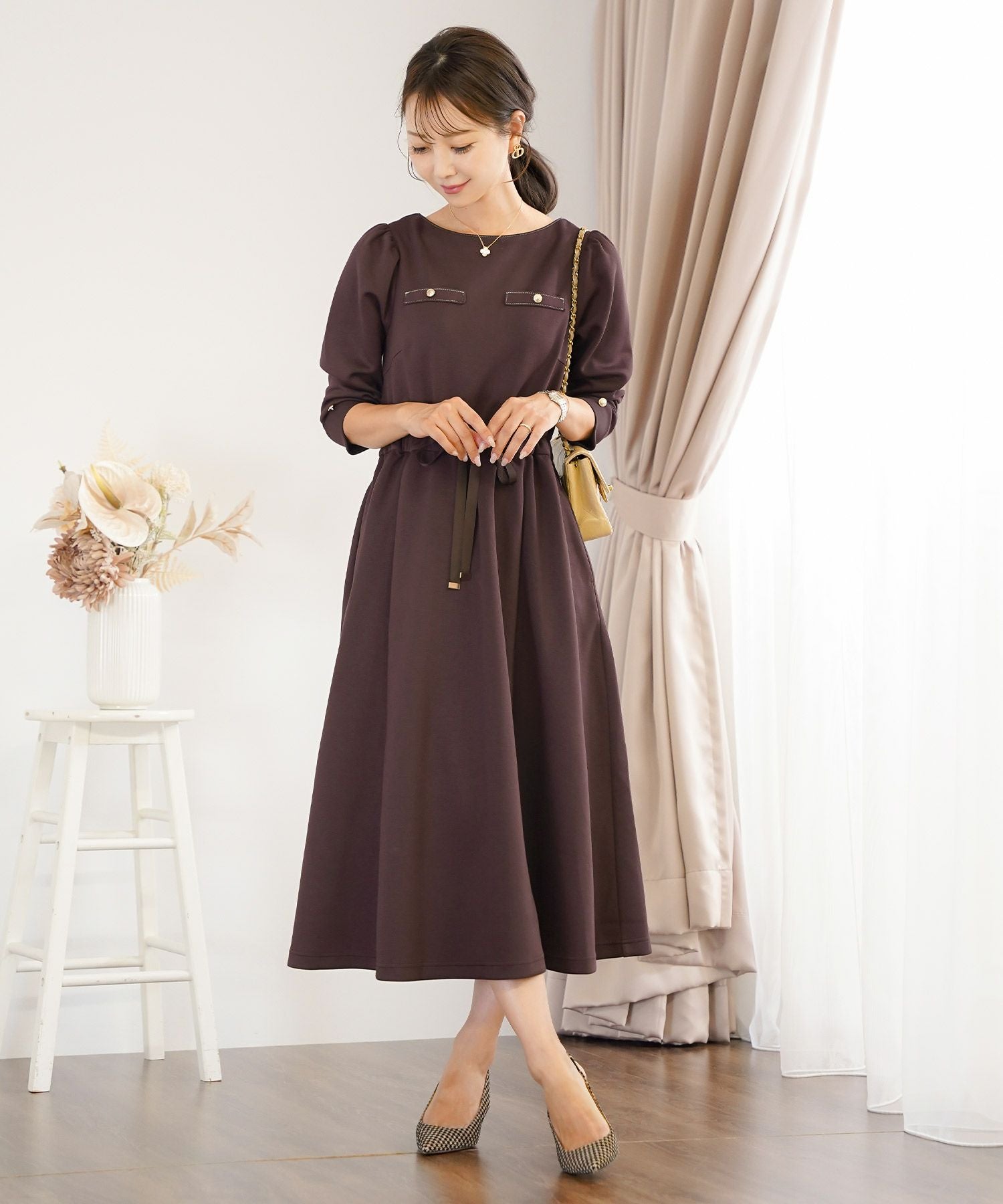 SPRING-SALE ウエストリボン ダンボールニット クラシカル ワンピース