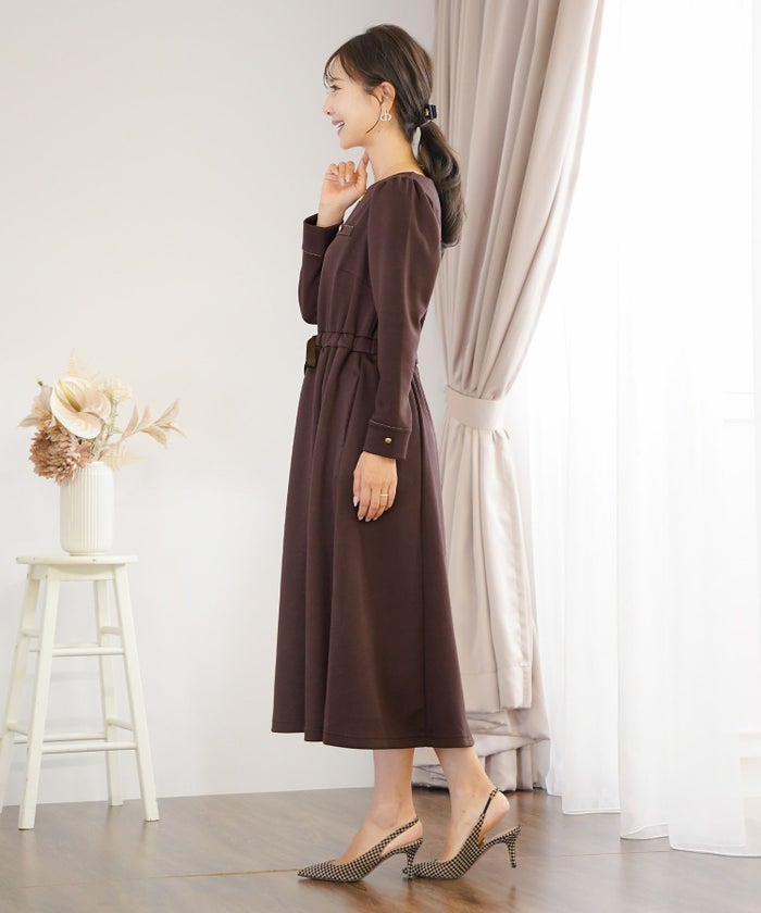 ワンピース 上品 ダンボールニット カットソー きれいめ クルーネック リボン ジョイントスペース