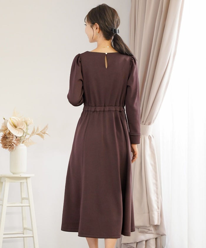 ワンピース 上品 ダンボールニット カットソー きれいめ クルーネック リボン ジョイントスペース