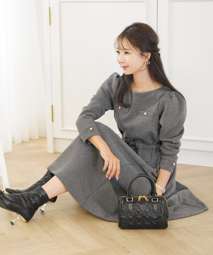 ワンピース 上品 ダンボールニット カットソー きれいめ クルーネック リボン ジョイントスペース