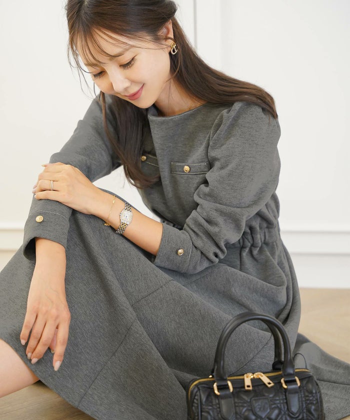 ワンピース 上品 ダンボールニット カットソー きれいめ クルーネック リボン ジョイントスペース