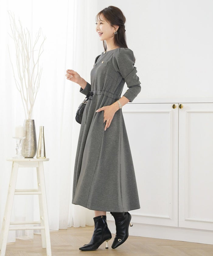 ワンピース 上品 ダンボールニット カットソー きれいめ クルーネック リボン ジョイントスペース