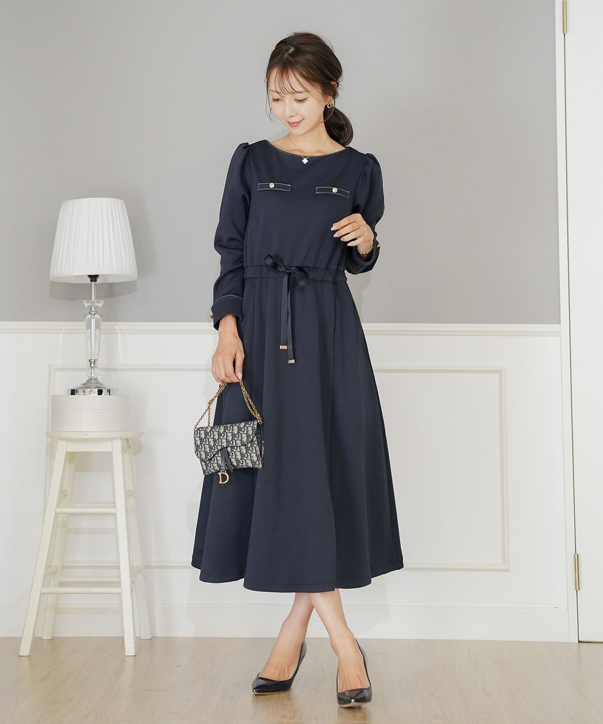 ワンピース 上品 ダンボールニット カットソー きれいめ クルーネック リボン ジョイントスペース