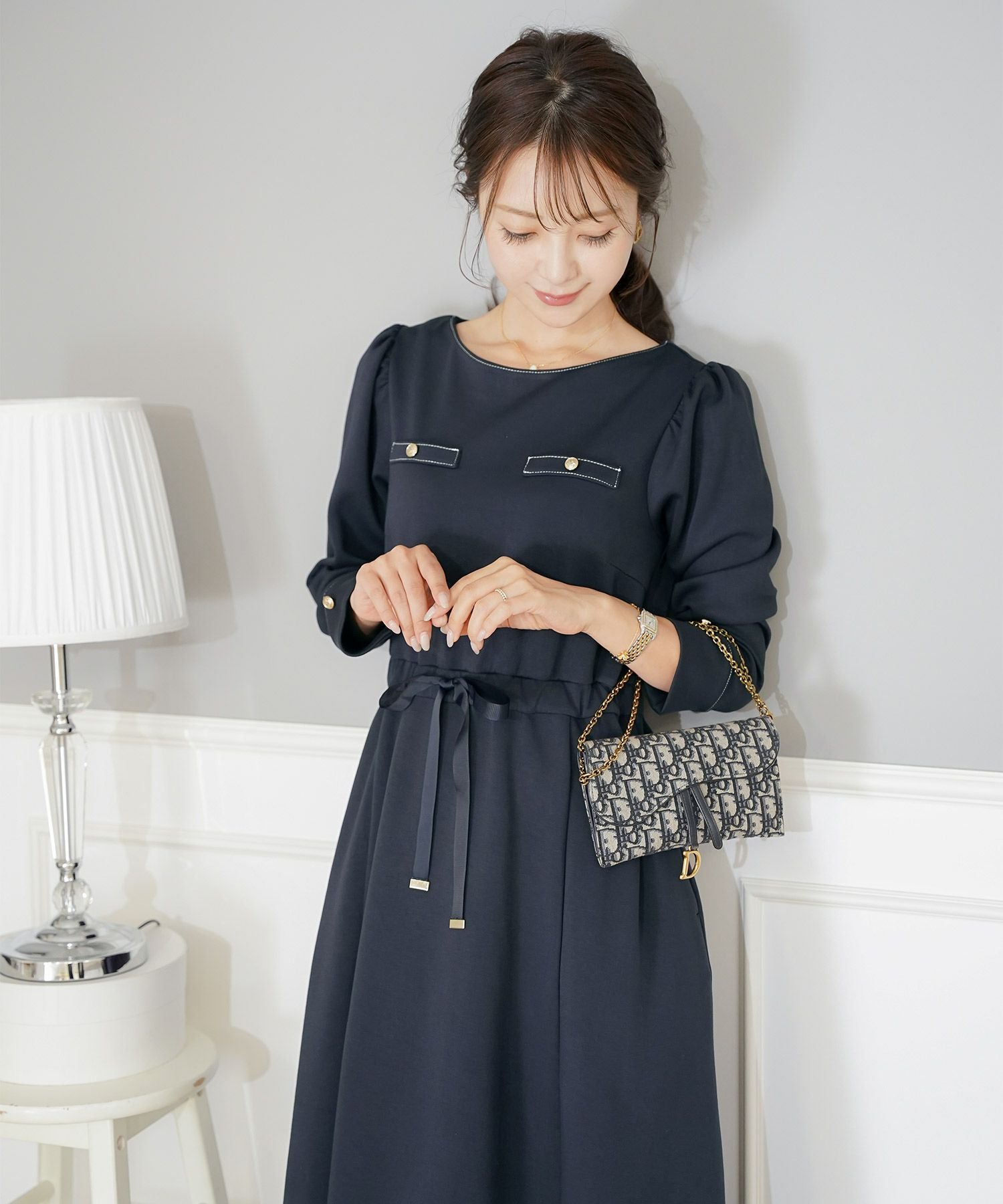 ウエストリボン ダンボールニット クラシカル ワンピース le reve