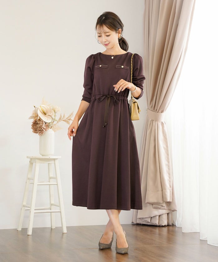 ワンピース 上品 ダンボールニット カットソー きれいめ クルーネック リボン ジョイントスペース