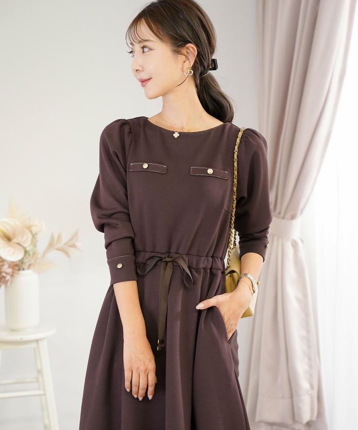 ワンピース 上品 ダンボールニット カットソー きれいめ クルーネック リボン ジョイントスペース