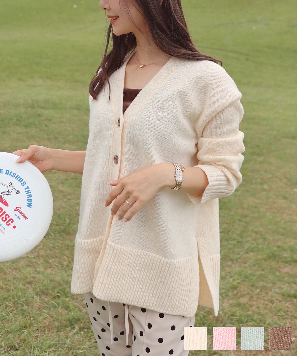 カーディガン ゆったり 刺繍 ハート ロゴ ピンク ミント ブラウン アイボリー スリット 大きめ ミドルゲージ 可愛い フェミニン 上品 カジュアル エレガント ゆるふわ ハート刺繍 カーディガン le reve vaniller