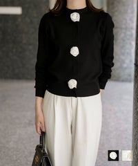 バラ モチーフ ニット カーディガン サテン カシミヤタッチ オフィス 冷房対策 きれいめ ミックス アイボリー M バラモチーフ ニット カーディガン HUIT