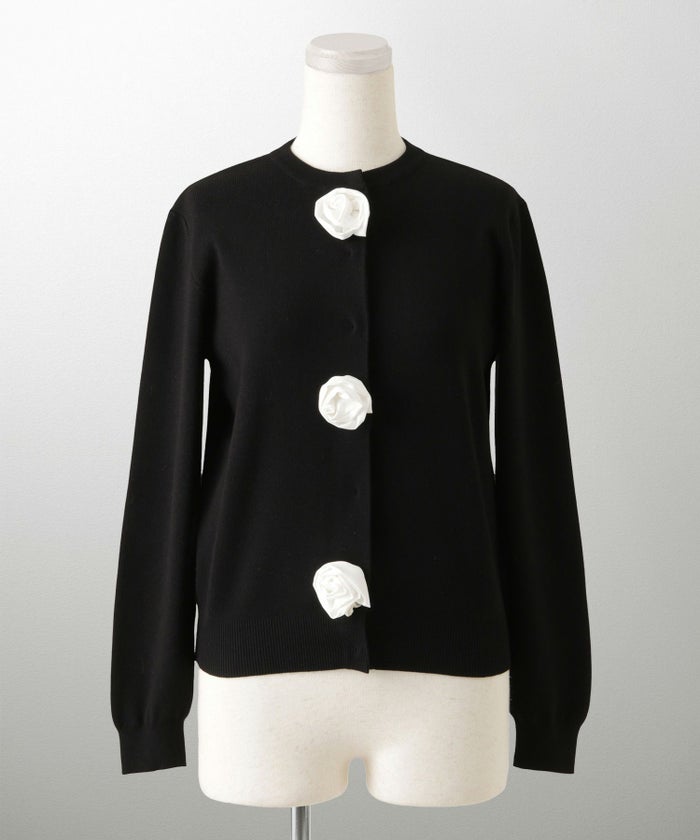 バラ モチーフ ニット カーディガン サテン カシミヤタッチ オフィス 冷房対策 きれいめ ミックス/アイボリー/M