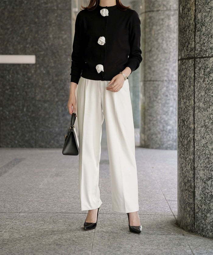 バラ モチーフ ニット カーディガン サテン カシミヤタッチ オフィス 冷房対策 きれいめ ミックス/アイボリー/M