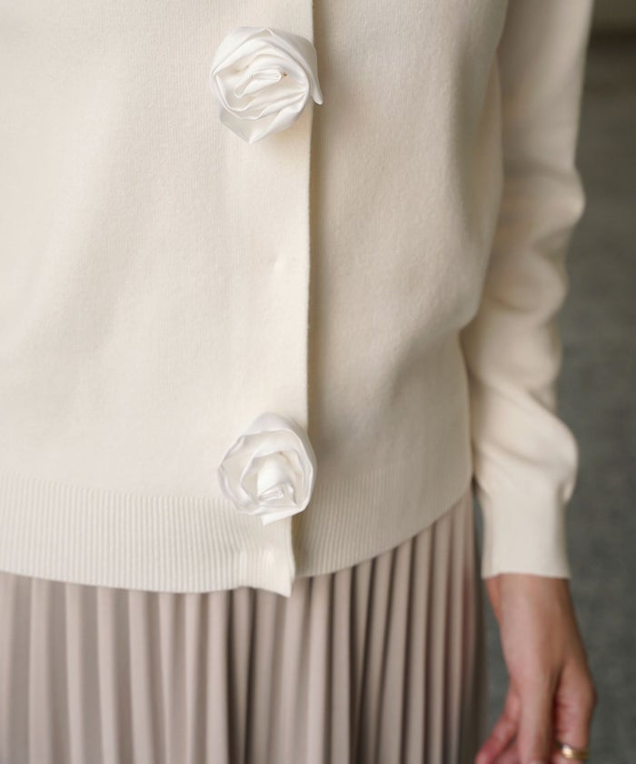 バラ モチーフ ニット カーディガン サテン カシミヤタッチ オフィス 冷房対策 きれいめ ミックス/アイボリー/M