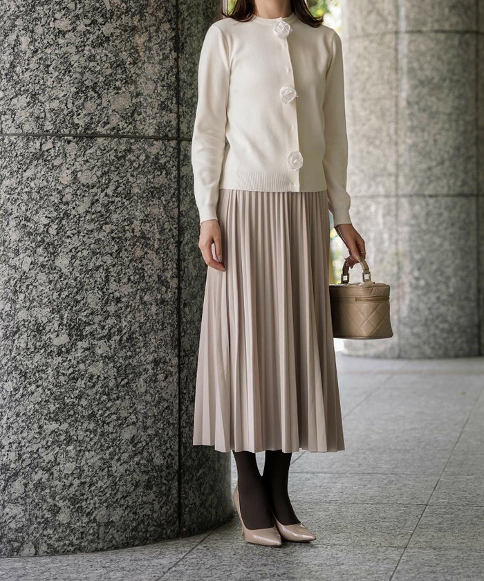 バラ モチーフ ニット カーディガン サテン カシミヤタッチ オフィス 冷房対策 きれいめ ミックス/アイボリー/M