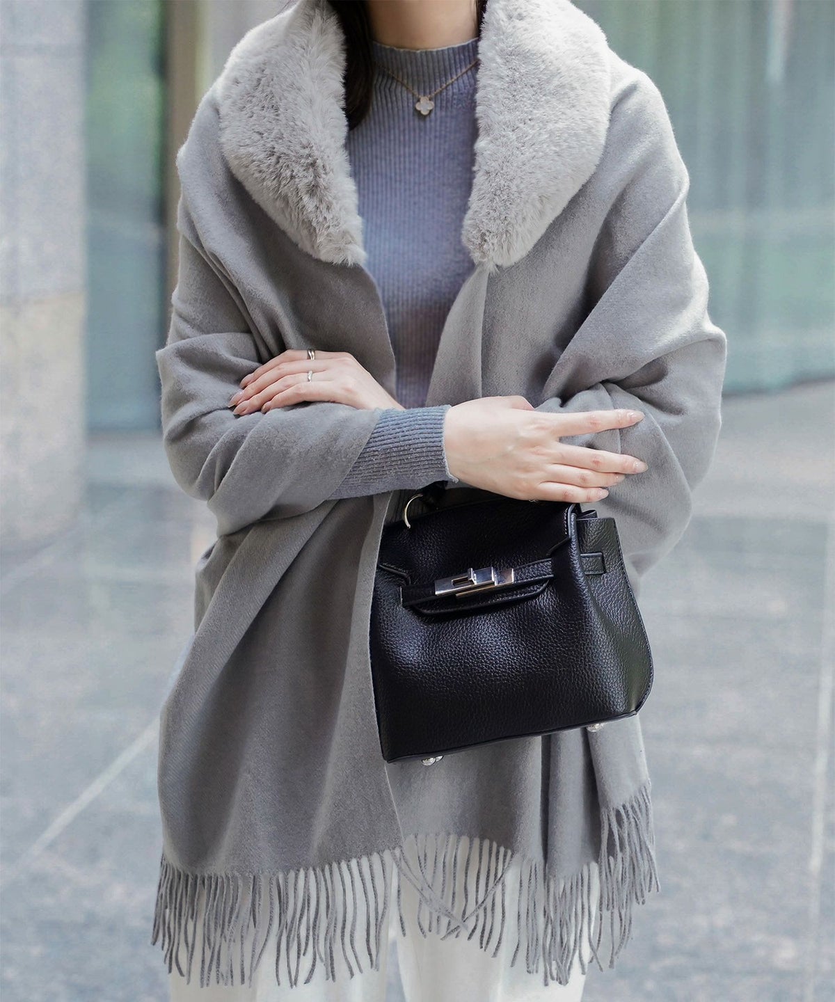 ファー 襟付き ショール 2way ストール マフラー エコファー フェイクファー 秋 冬 ライトグレー キャメル ブラック