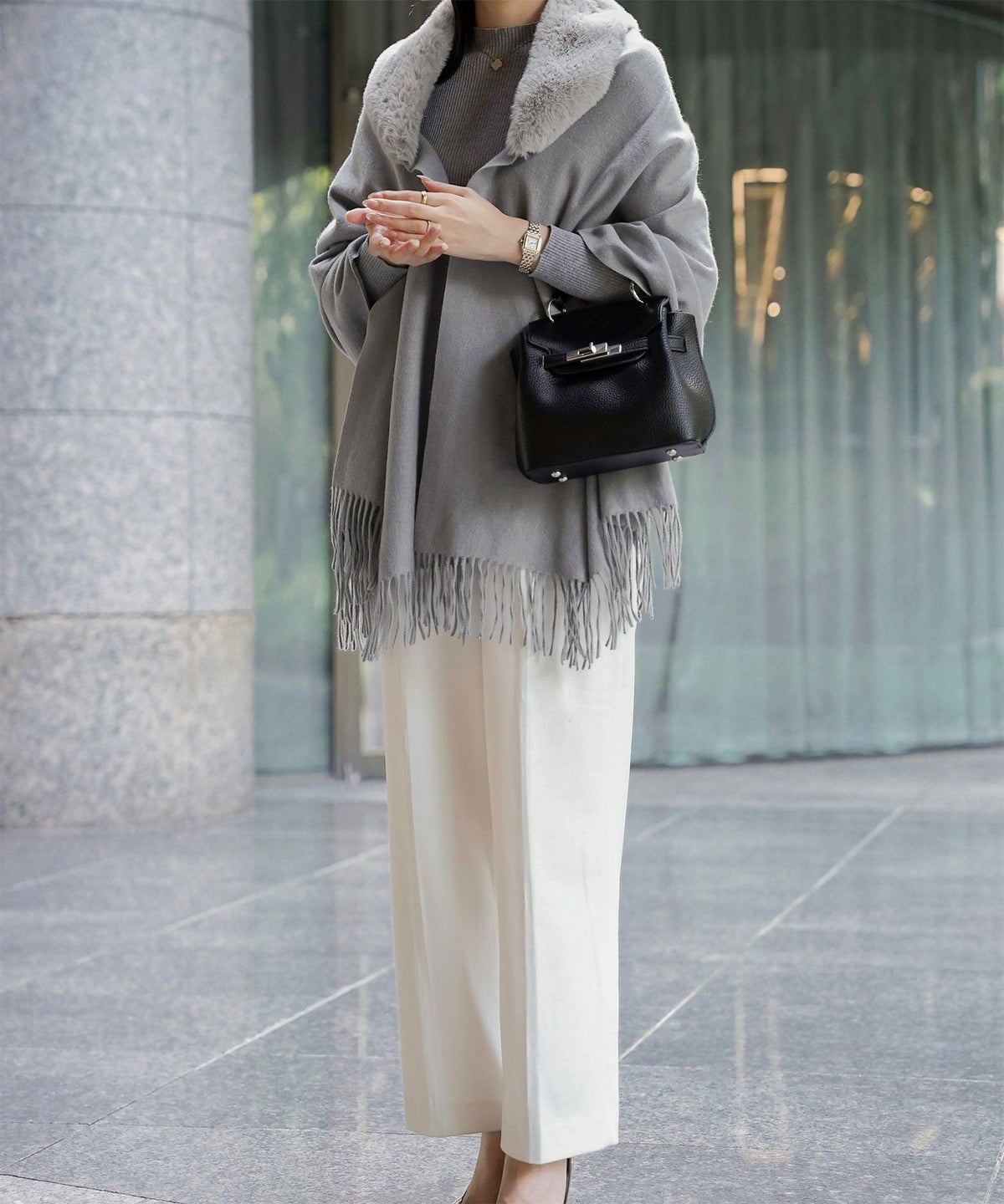 ファー 襟付き ショール 2way ストール マフラー エコファー フェイクファー 秋 冬 ライトグレー キャメル ブラック