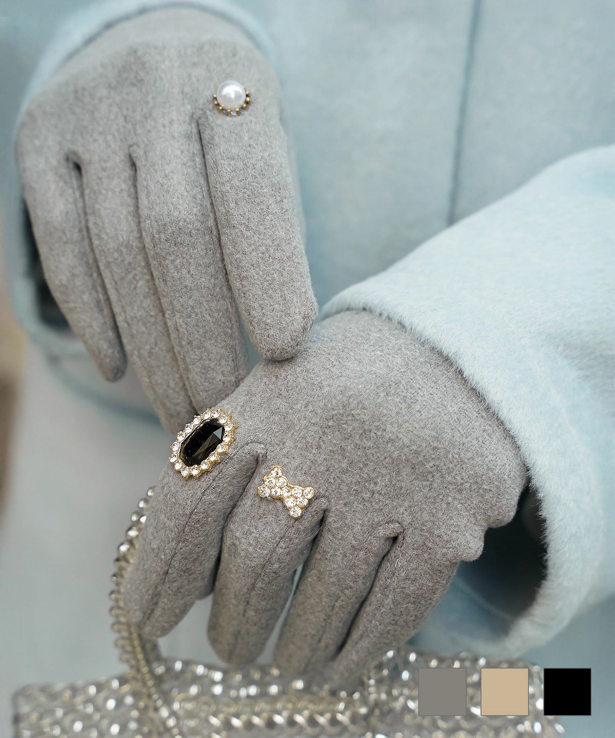 ビジュー リング グローブ レディース グローブ 手袋 シンプル ジュエリー 裏起毛 防寒 秋 冬 グレー ベージュ ブラック ビジュー リング グローブ HUIT