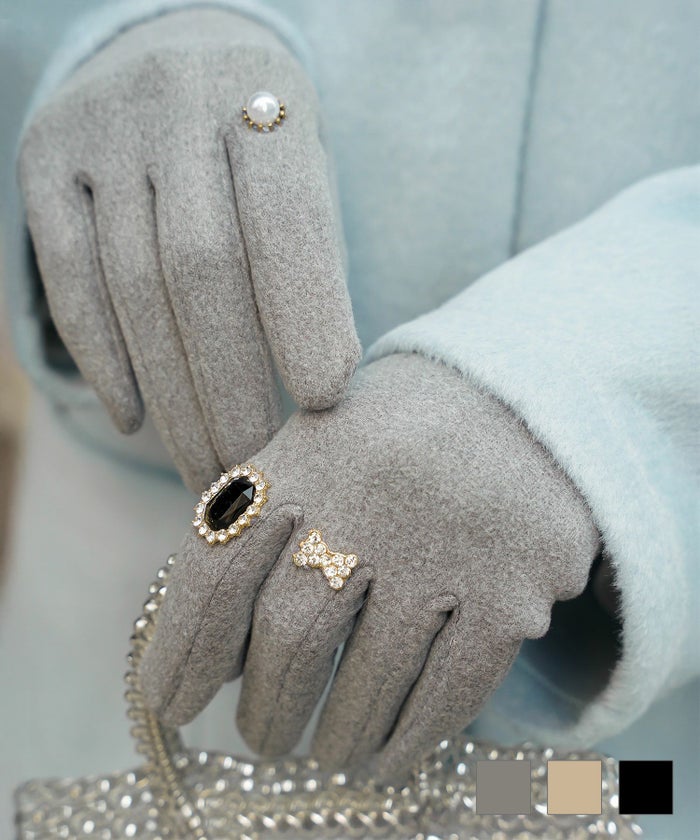 ビジュー リング グローブ レディース グローブ 手袋 シンプル ジュエリー 裏起毛 防寒 秋 冬 グレー ベージュ ブラック ビジュー リング グローブ HUIT
