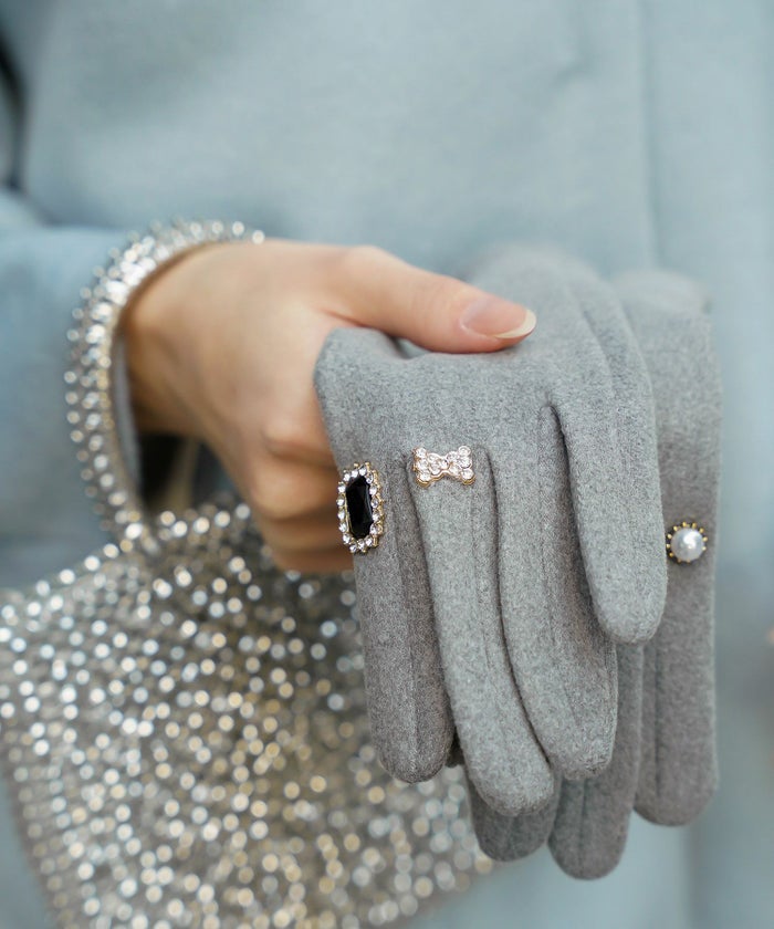 ビジュー リング グローブ レディース グローブ 手袋 シンプル ジュエリー 裏起毛 防寒 秋 冬 グレー/ベージュ/ブラック