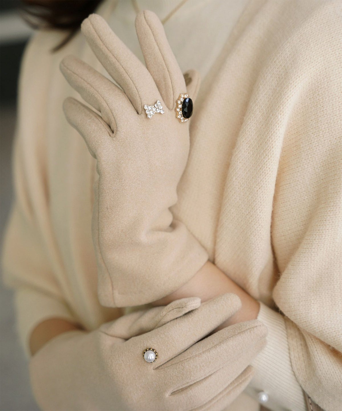 ビジュー リング グローブ レディース グローブ 手袋 シンプル ジュエリー 裏起毛 防寒 秋 冬 グレー/ベージュ/ブラック