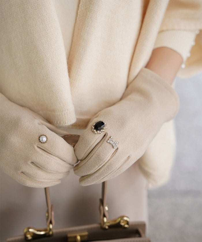 ビジュー リング グローブ レディース グローブ 手袋 シンプル ジュエリー 裏起毛 防寒 秋 冬 グレー/ベージュ/ブラック