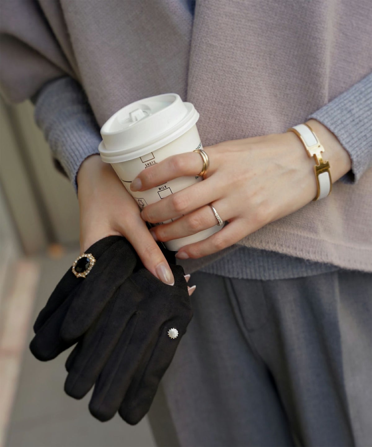 ビジュー リング グローブ レディース グローブ 手袋 シンプル ジュエリー 裏起毛 防寒 秋 冬 グレー/ベージュ/ブラック