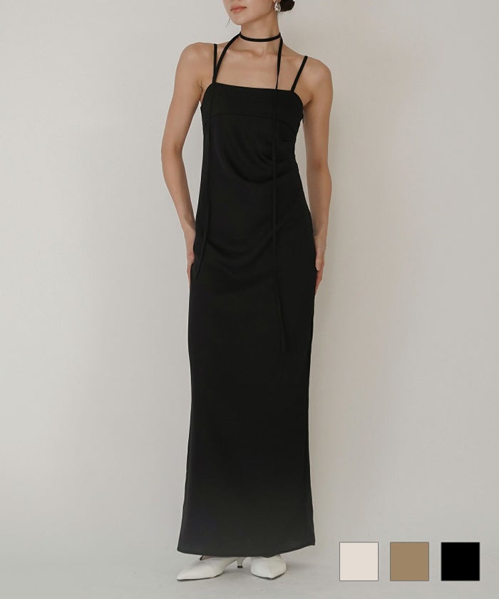 オフショルトップス ドレープ タイトワンピース ディナー　お出かけ スクエアネック 2次会 バーティ ドレス  紐デザイン  韓国風 綺麗め 細見え カジュアル KINO THE KEI ストラップ アレンジ キャミワンピース KINO THE KEI