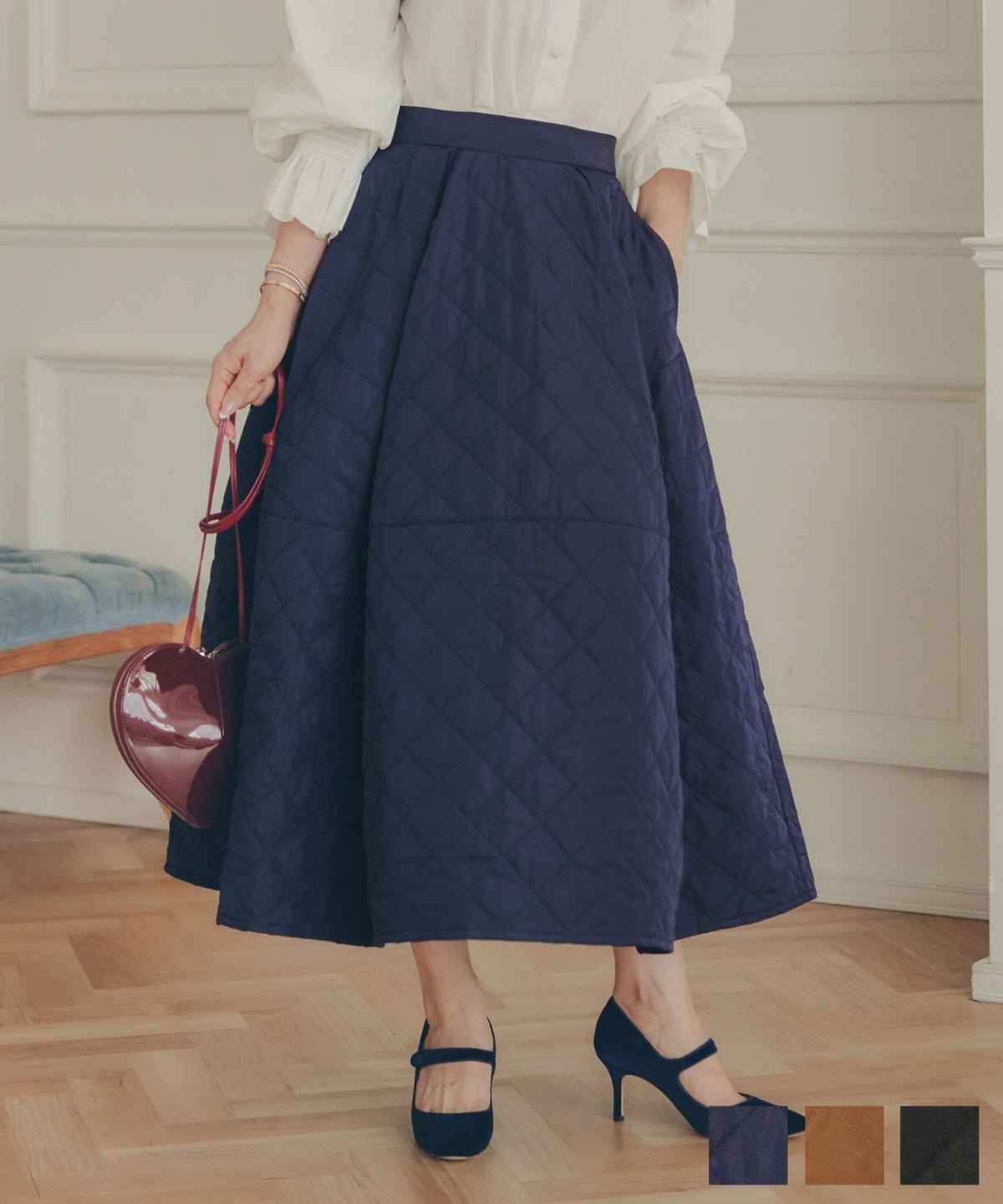 レディース 秋冬 大人可愛い 上品 きれいめ 大人カジュアル フェミニン オフィス 体型カバー ジョイントスペース キルティング コクーン スカート Liala×PG