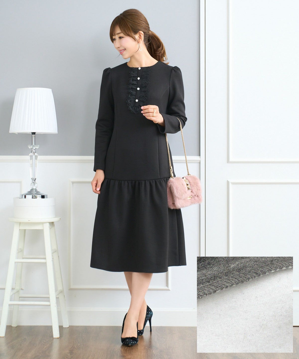 レディース ファッション ワンピース 長袖 きれいめ おしゃれ かわいい 秋冬 ピンク 黒 オフィス レース 大人 ジョイントスペース