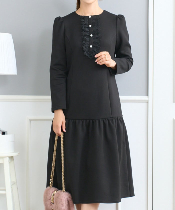 レディース ファッション ワンピース 長袖 きれいめ おしゃれ かわいい 秋冬 ピンク 黒 オフィス レース 大人 ジョイントスペース