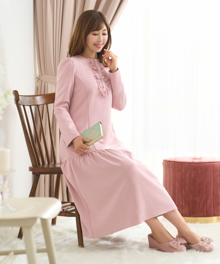 レディース ファッション ワンピース 長袖 きれいめ おしゃれ かわいい 秋冬 ピンク 黒 オフィス レース 大人 ジョイントスペース