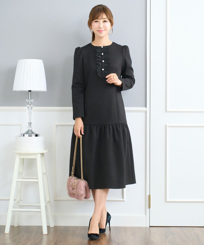 レディース ファッション ワンピース 長袖 きれいめ おしゃれ かわいい 秋冬 ピンク 黒 オフィス レース 大人 ジョイントスペース