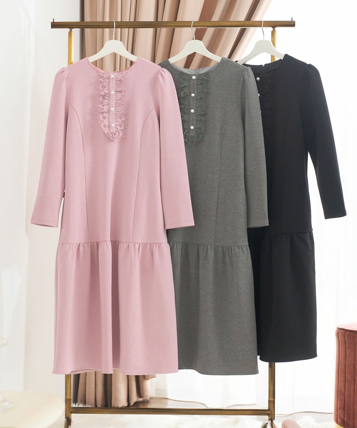 レディース ファッション ワンピース 長袖 きれいめ おしゃれ かわいい 秋冬 ピンク 黒 オフィス レース 大人 ジョイントスペース