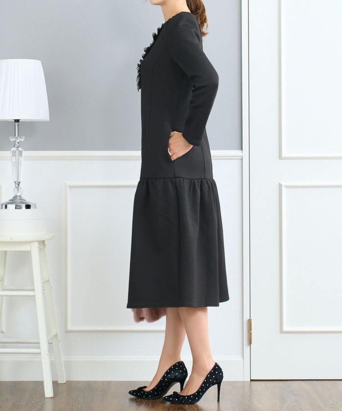 レディース ファッション ワンピース 長袖 きれいめ おしゃれ かわいい 秋冬 ピンク 黒 オフィス レース 大人 ジョイントスペース